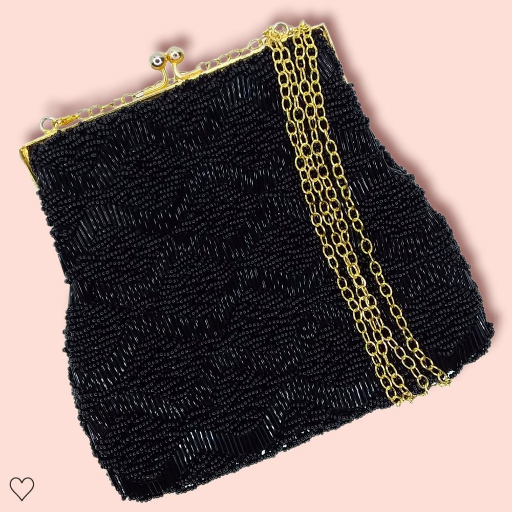 Vintage Kisslock Black Beaded Evening Bag Gold Tone Chain Hardware Formal Prom